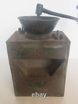 Antique Primitive Tin Litho Green Paint Store Counter Coffee Bin & Grinder Mill