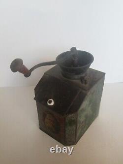 Antique Primitive Tin Litho Green Paint Store Counter Coffee Bin & Grinder Mill