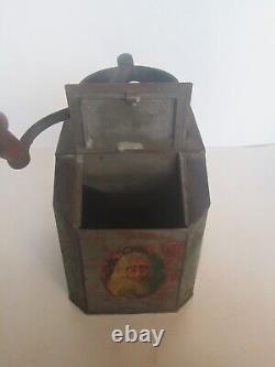 Antique Primitive Tin Litho Green Paint Store Counter Coffee Bin & Grinder Mill