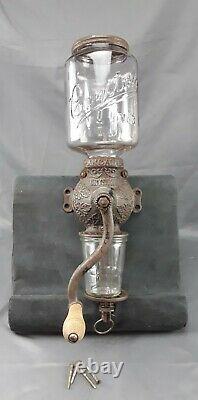 Antique Primitive Wall Mount Arcade Crystal No 3 Coffee Grinder Cast Iron Glass