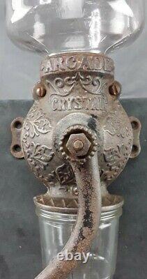 Antique Primitive Wall Mount Arcade Crystal No 3 Coffee Grinder Cast Iron Glass