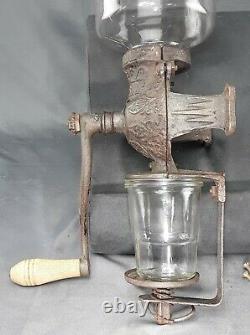 Antique Primitive Wall Mount Arcade Crystal No 3 Coffee Grinder Cast Iron Glass