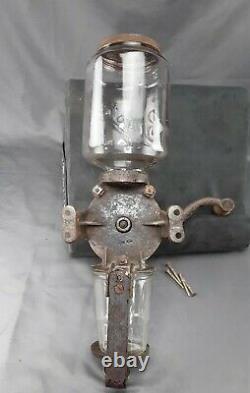 Antique Primitive Wall Mount Arcade Crystal No 3 Coffee Grinder Cast Iron Glass