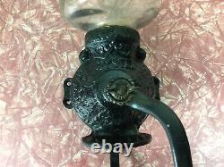 Antique Primitive Wall Mount Arcade Crystal No 3 Coffee Grinder Cast Iron Glass