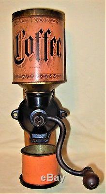Antique Primitive Wall Mount Coffee Grinder with Tin Litho Hopper & Cast Iron Base