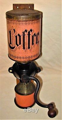 Antique Primitive Wall Mount Coffee Grinder with Tin Litho Hopper & Cast Iron Base