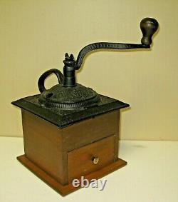 Antique Primitive Wood Coffee Grinder /Pepper Mill Hand Crank With Drawer Dovetail