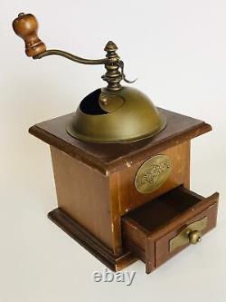 Antique Rare UNIQUE Hand Mill Brass Metal Vintage Wood Coffee Grinder Millstones