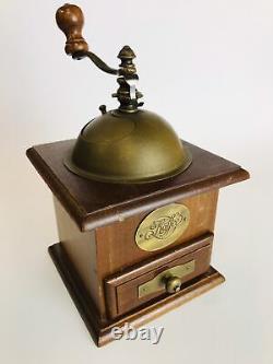 Antique Rare UNIQUE Hand Mill Brass Metal Vintage Wood Coffee Grinder Millstones