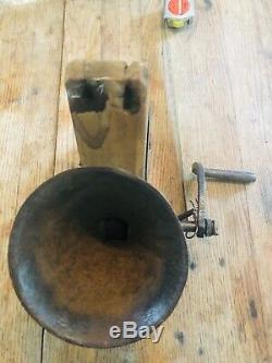 Antique Rare Wall Mount Coffee Grinder With Cadt Iron Handle Drop Cup Funnel