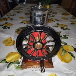 Antique Red Cast Iron One Wheel Hand Crank Coffee Grinder