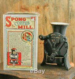 Antique SPONG & CO w. Box Coffee Grinder Mill Moulin Molinillo cafe Macinacaffe