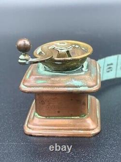 Antique Sewing Wind Up Tape Measure Figural Brass Copper Coffee Grinder c. 1900s