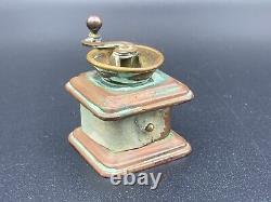 Antique Sewing Wind Up Tape Measure Figural Brass Copper Coffee Grinder c. 1900s