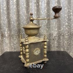 Antique Solid Brass COFFEE GRINDER with Drawer and Hand Crank VINTAGE
