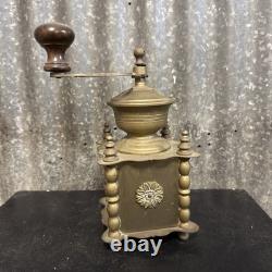 Antique Solid Brass COFFEE GRINDER with Drawer and Hand Crank VINTAGE