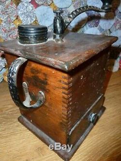 Antique Tall Dovetailed Wood Coffee Mill Grinder PRIMITIVE. Early American