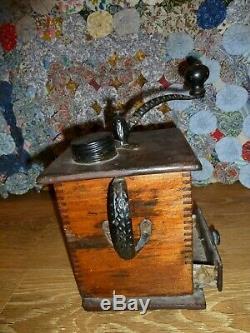 Antique Tall Dovetailed Wood Coffee Mill Grinder PRIMITIVE. Early American