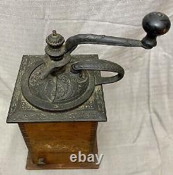 Antique Tall Wood & Cast Iron Coffee Grinder