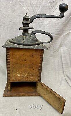 Antique Tall Wood & Cast Iron Coffee Grinder