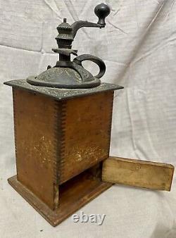 Antique Tall Wood & Cast Iron Coffee Grinder