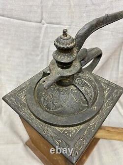 Antique Tall Wood & Cast Iron Coffee Grinder