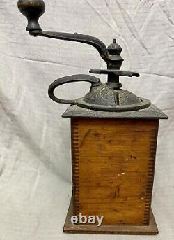 Antique Tall Wood & Cast Iron Coffee Grinder