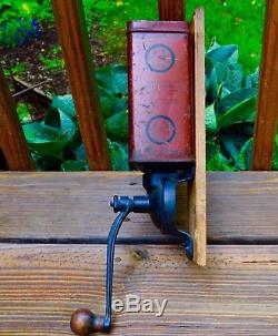 Antique Tin Coffee Mill Cast Iron Grinder Vintage Wall Mount With Advertising 1872