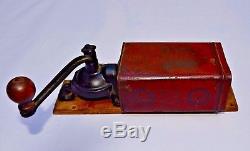 Antique Tin Coffee Mill Cast Iron Grinder Vintage Wall Mount With Advertising 1872