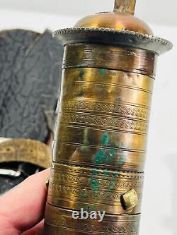 Antique Turkish Coffee Grinder brass STAMPED #1 with leather pouch REPAIR