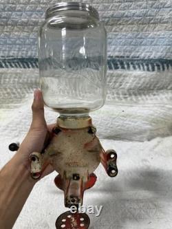 Antique/VTG Red Arcade Number 3 Crystal Coffee Grinder With Wall Mountable Holes