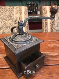 Antique Victorian COFFEE GRINDER Ornate Cast iron with Handle Dove Tail Wood Box