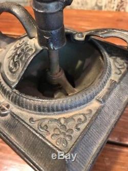 Antique Victorian COFFEE GRINDER Ornate Cast iron with Handle Dove Tail Wood Box
