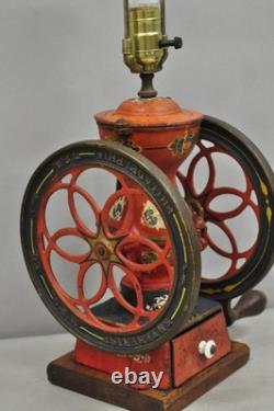 Antique Victorian Enterprise Phila. Red Cast Iron Coffee Mill Grinder Table Lamp