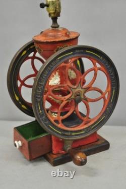 Antique Victorian Enterprise Phila. Red Cast Iron Coffee Mill Grinder Table Lamp