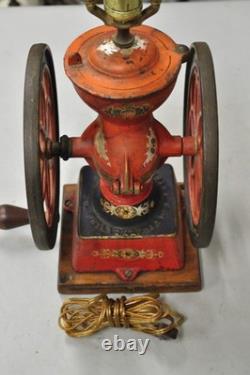 Antique Victorian Enterprise Phila. Red Cast Iron Coffee Mill Grinder Table Lamp