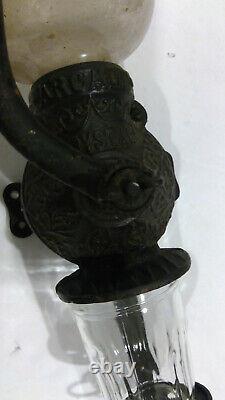 Antique Vintage Arcade Crystal Wall Mount Coffee Grinder MILL Cast Iron Complete