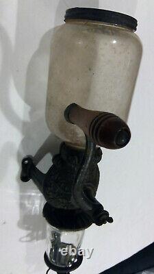 Antique Vintage Arcade Crystal Wall Mount Coffee Grinder MILL Cast Iron Complete