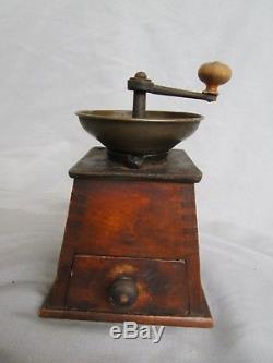 Antique Vintage Coffee Grinder Mill 19c. Wood Brass Iron