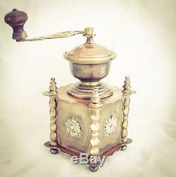 Antique Vintage European Solid Brass Coffee Grinder Mill Moulin Molinillo Cafe