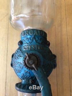 Antique Vntg Arcade Crystal Coffee Grinder Glass Wall Mount Turquoise No 3 Metal