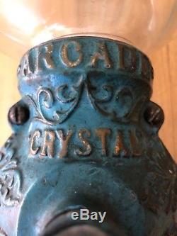 Antique Vntg Arcade Crystal Coffee Grinder Glass Wall Mount Turquoise No 3 Metal