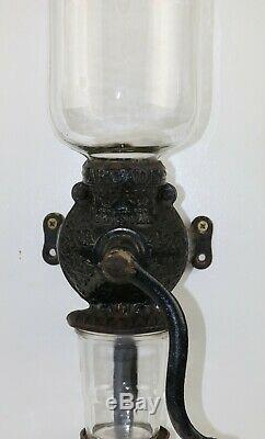 Antique Vtg Cast Iron Crystal Arcade #3 Coffee Grinder Mill withBean Canister