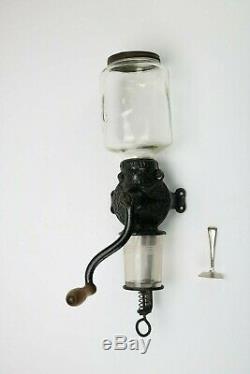Antique Vtg Cast Iron Crystal Arcade Coffee Grinder Mill with #3 Bean Canister