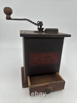 Antique Waddell Wood Coffee Grinder Mill Wood & Cast Iron with Label & Drawer