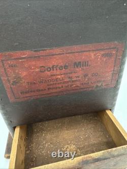 Antique Waddell Wood Coffee Grinder Mill Wood & Cast Iron with Label & Drawer