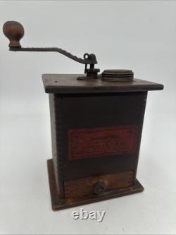 Antique Waddell Wood Coffee Grinder Mill Wood & Cast Iron with Label & Drawer