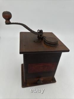 Antique Waddell Wood Coffee Grinder Mill Wood & Cast Iron with Label & Drawer