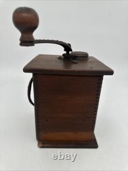 Antique Waddell Wood Coffee Grinder Mill Wood & Cast Iron with Label & Drawer