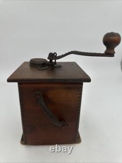 Antique Waddell Wood Coffee Grinder Mill Wood & Cast Iron with Label & Drawer